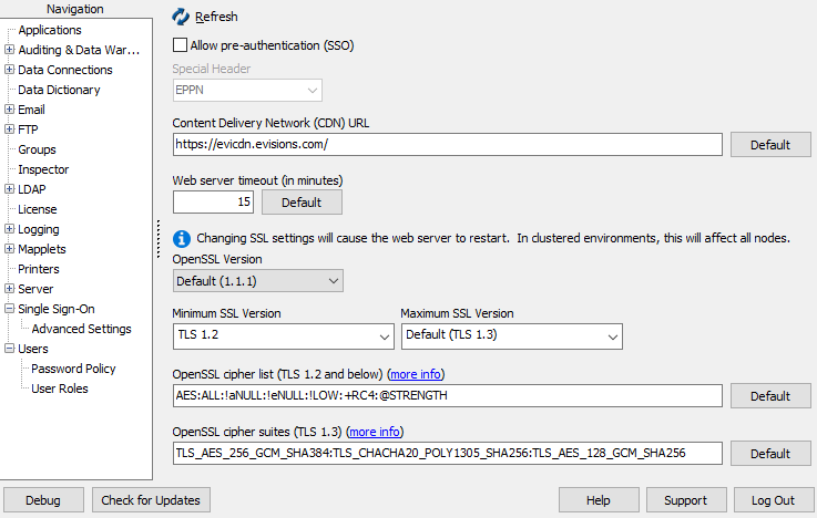 Advanced screen showing Allow pre-authentication, CDN URL, web server timeout, list of enabled SSL versions, and the OpenSSL cipher list.